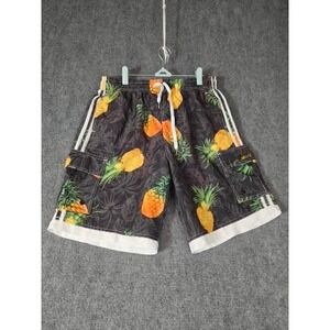 UZZI Mens Pineapple Print Cargo Swim Trunks Black Tropical Board Shorts‎ Sz M